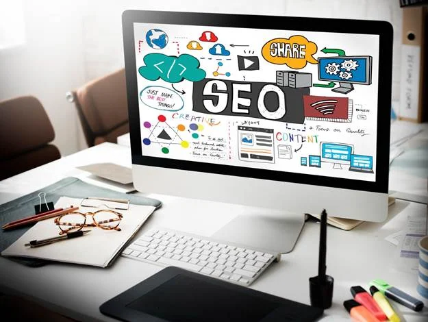 SEO-Optimized Articles concept with search engine and digital marketing graphics.