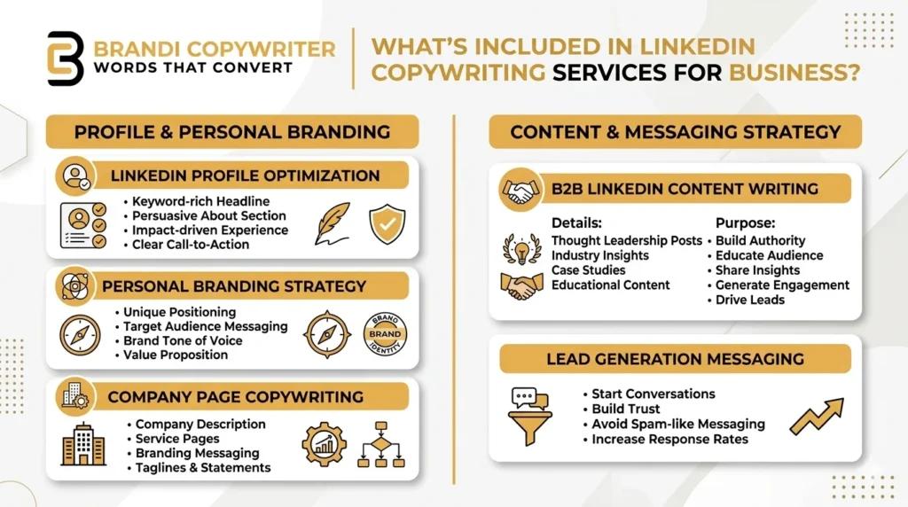 LinkedIn copywriting services inclusions profile optimization content writing branding messaging lead generation