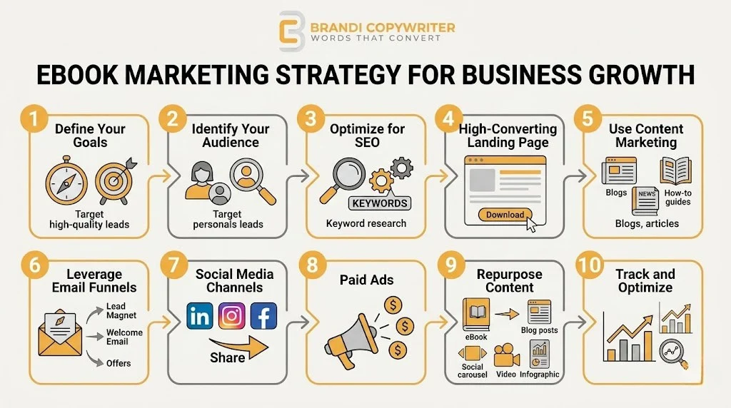 10-step eBook marketing strategy flowchart infographic in brand colors.