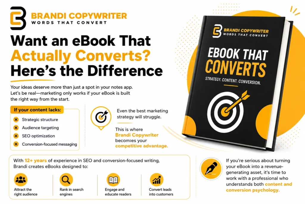 Brandi Copywriter eBook writing services banner with SEO and conversion-focused content.