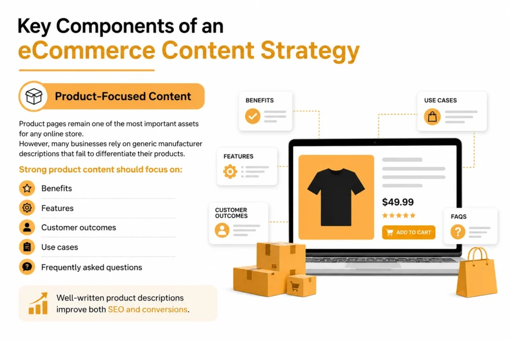 Infographic showing the key components of an eCommerce content strategy.