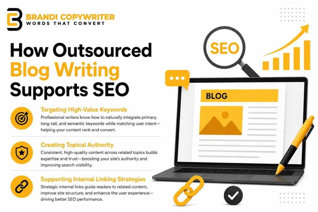 SEO blog writing infographic with keyword, authority, and linking elements.