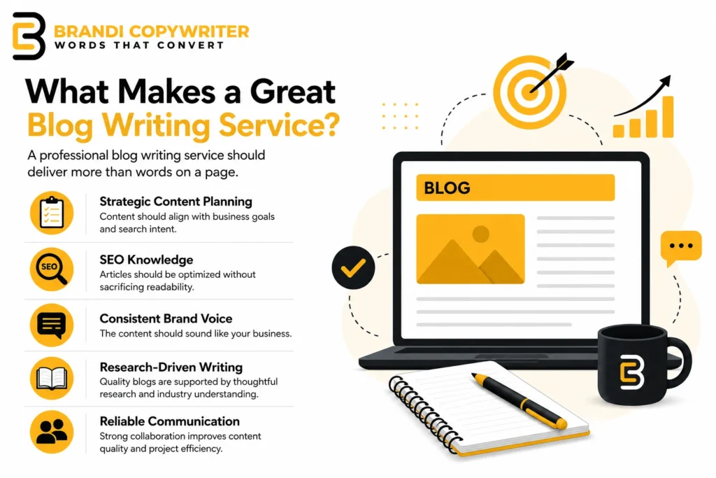 Blog writing service infographic with SEO and content strategy elements.